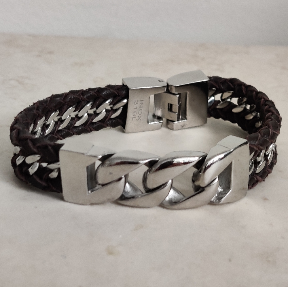 INOX 316L Braided Brown Leather & Stainless Steel Chain Bracelet